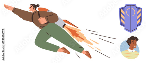 Individual flying with jetpack, surrounded by shield symbol and profile portrait. Ideal for progress, ambition, growth, success, mentorship, innovation empowerment. Simple flat metaphor