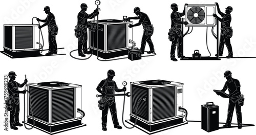 Black and white silhouette vector illustration of construction workers pouring, spreading, and finishing concrete with teamwork, tools, safety, and building process