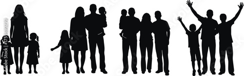Black and white silhouette vector illustration of diverse family groups with parents and children, unity, love, parenting, relationships, lifestyle, and community
