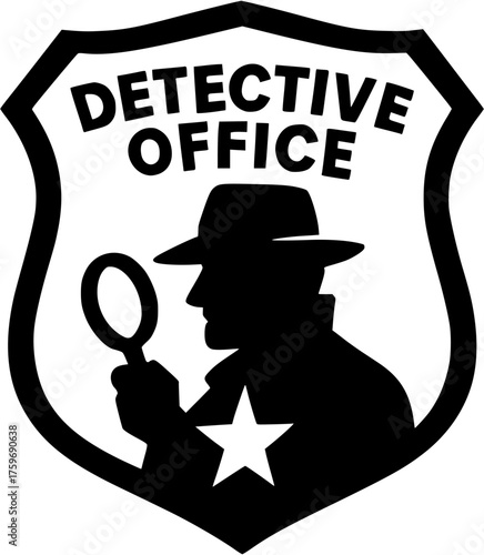 Detective Office Badge Vector Illustration Showing Silhouette with Hat and Magnifying Glass Representing Investigation and Law Enforcement