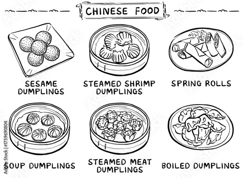 中華の軽食メニューのイラストセット　1色