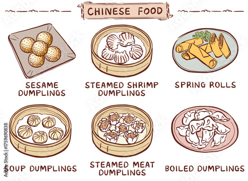 中華の軽食メニューのイラストセット