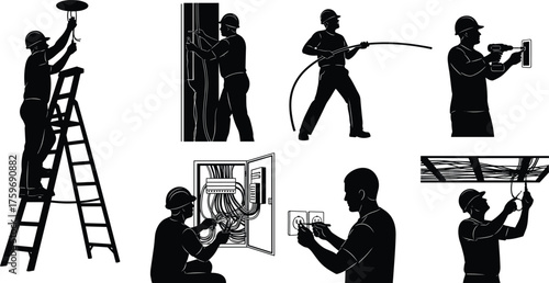 Black and white silhouette vector illustration of electricians working with tools, wiring, panels, sockets, ladders, teamwork, safety, repair, and installation process