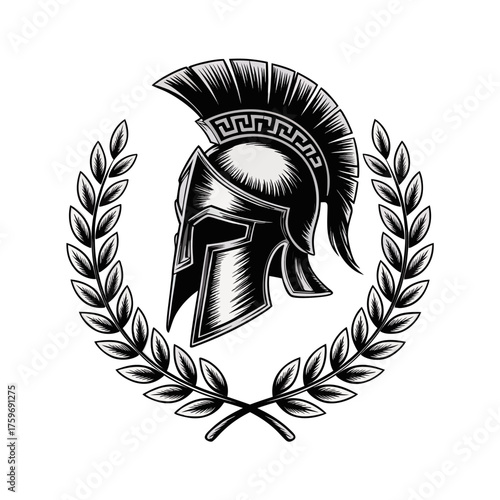 A black and white illustration of a Spartan helmet
centered within a symmetrical laurel wreath