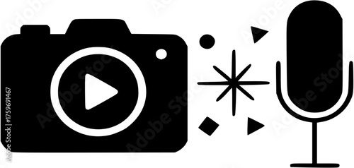 Multimedia production vector showing camera and microphone icons for digital content creation recording and communication concept
