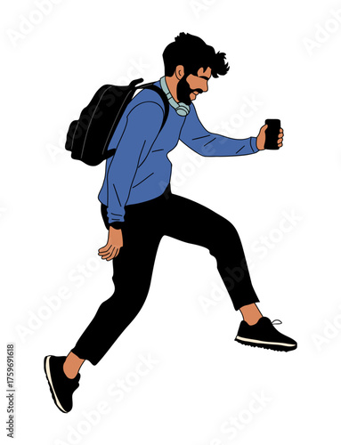 Minimalist vector illustration of a bearded man running while looking at a smartphone, wearing a blue shirt, black pants, and backpack. Clean design with bold outlines on transparent background