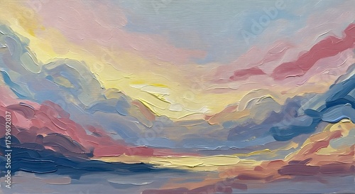 Dreamy footage of an abstract pastel sky, an oil painting landscape with colorful clouds and soft light at sunset