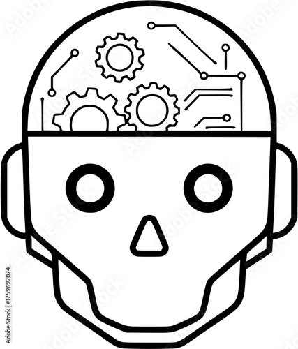 AI Robot Head Vector: modern robotic face with gear eyes symbolizing artificial intelligence, automation, and machine learning concept illustration