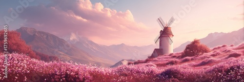 Serene Landscape with Windmill Surrounded by Pink Flower Fields at Dusk under Soft Cotton Candy Clouds