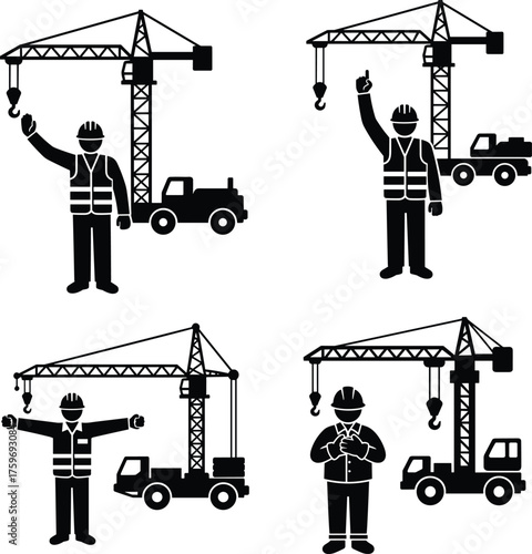 Construction worker hand signals, crane operation safety, black and white illustration, site coordination, flat vector, truck, industrial, teamwork