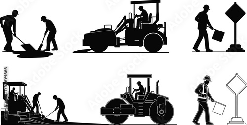 Black and white silhouette vector illustration of road construction workers with machinery, paving, traffic control, teamwork, and heavy equipment operation