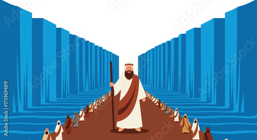 Moses Parting the Red Sea Illustration with Israelites Walking Through