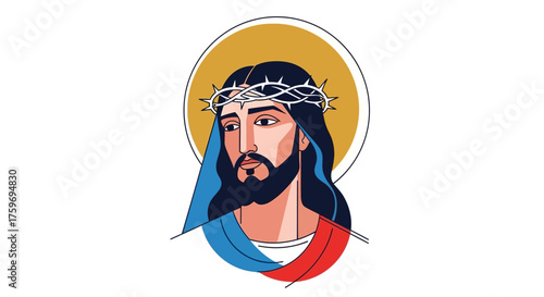 Iconic Head of Jesus Christ with Crown of Thorns and Halo