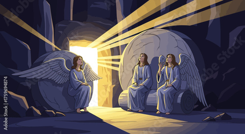 Easter Morning Angels Sitting on Rolled Away Stone at Empty Tomb