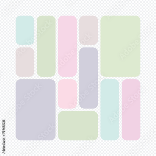 Bento grid template layout vector. Soft pastel colored rounded rectangles on transparent background. Mood board, collage, UI, or social media design.