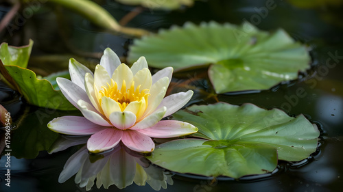 Wallpaper Mural Luminous water lily bloom ascending from dark pond water with lush green pads Torontodigital.ca