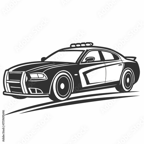 a flat-style vector icon of a black police car silhouette, no background, using only black color, minimal and modern design.