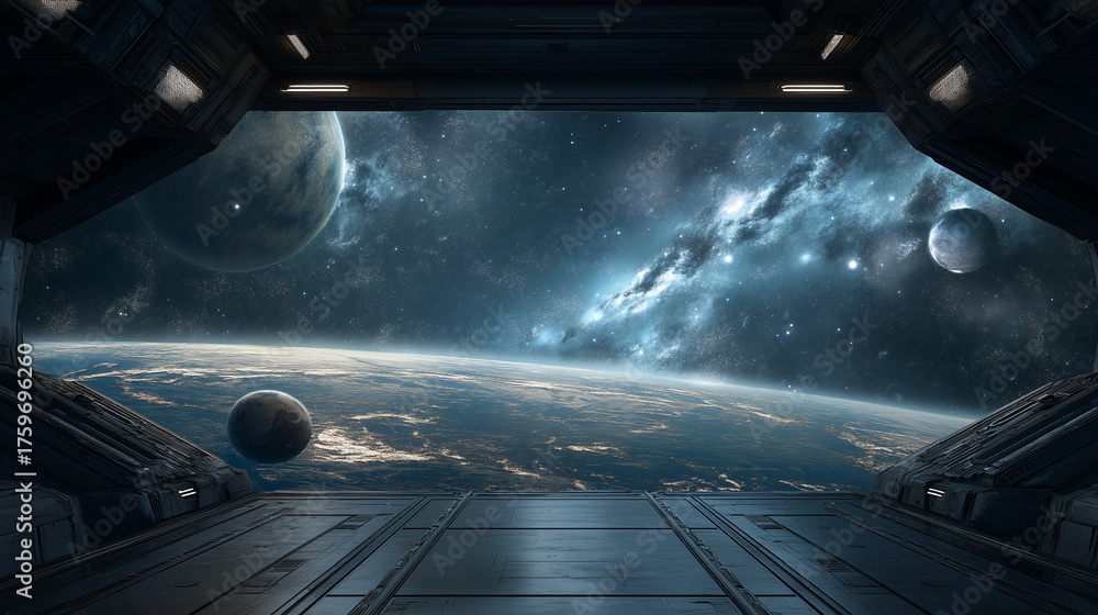 Fototapeta premium High-Tech Space Station Floating Above Planet Earth in Deep Outer Space View