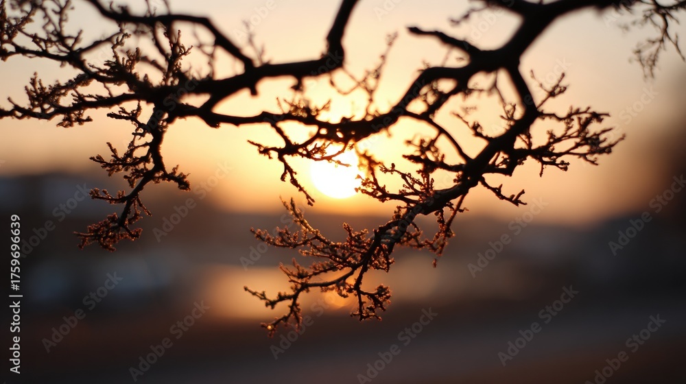Fototapeta premium Silhouette of bare tree branches against a warm sunset sky nature winter