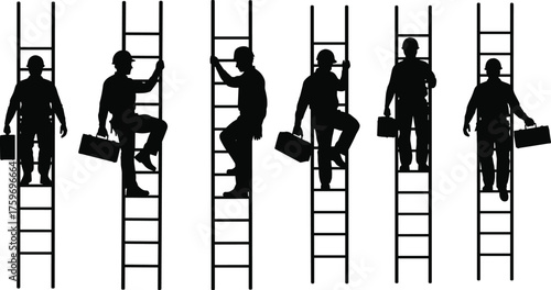 Black and white silhouette vector illustration of workers climbing ladders with toolboxes, teamwork, safety, construction labor, progress, effort, and career advancement