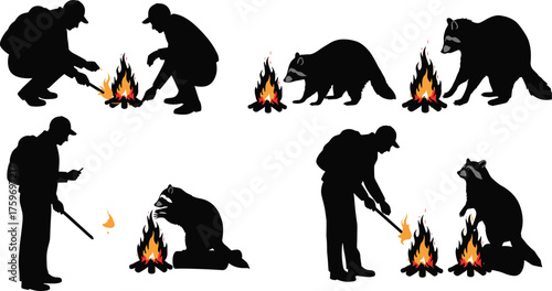 Camping adventure silhouettes with humans and raccoons around campfires, outdoor wildlife interaction, backpacking, forest lifestyle, humorous animal behavior illustration vector