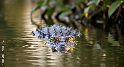  A crocodile submerged in water with only its eyes above surface