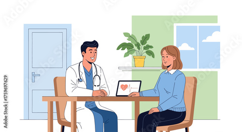 Caring doctor consulting with female patient about her health with laptop showing heartbeat, creating a positive, trustworthy healthcare atmosphere
