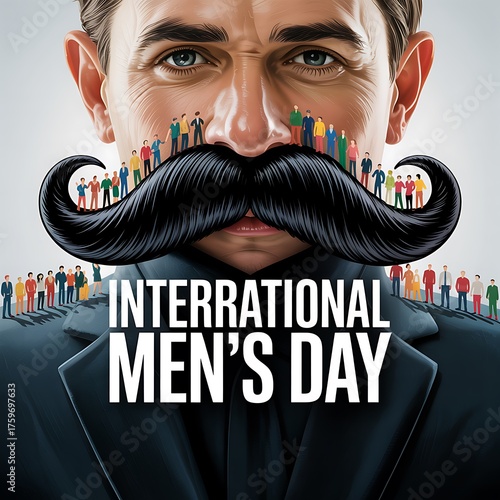 International mens day celebration with diverse men and large mustache