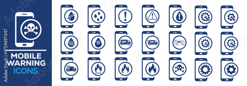 A large vector icon set of mobile warning symbols on smartphones. Includes icons for electricity, lightning, fire, heat, water/moisture, battery, shield, time, and transfer. Represents device safety