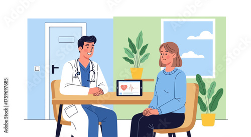 Friendly doctor consulting with female patient about heart health using tablet in modern office, conveying compassionate care and medical expertise beautifully