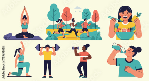 Vibrant lifestyle illustration featuring diverse people enjoying yoga, running, healthy eating, and weightlifting for fitness motivation and wellness ads