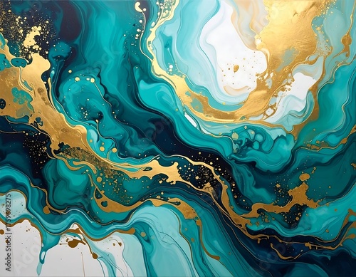 Abstract fluid art featuring teal, navy, and gold