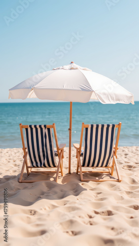 Relaxing beach scene with two striped chairs under large umbrella, overlooking calm blue waters and soft sandy shore