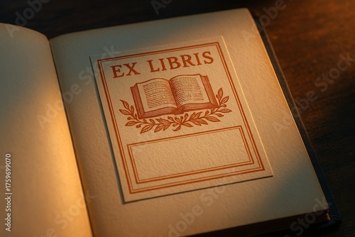 A close-up of an ex libris bookplate inside a hardcover book illuminated by warm soft light on a wooden surface