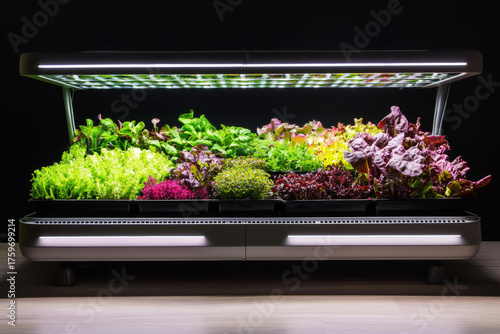 Indoor hydroponic garden with various colorful lettuce varieties growing under LED light, showcasing innovative urban farming with fresh, vibrant greens in modern setup