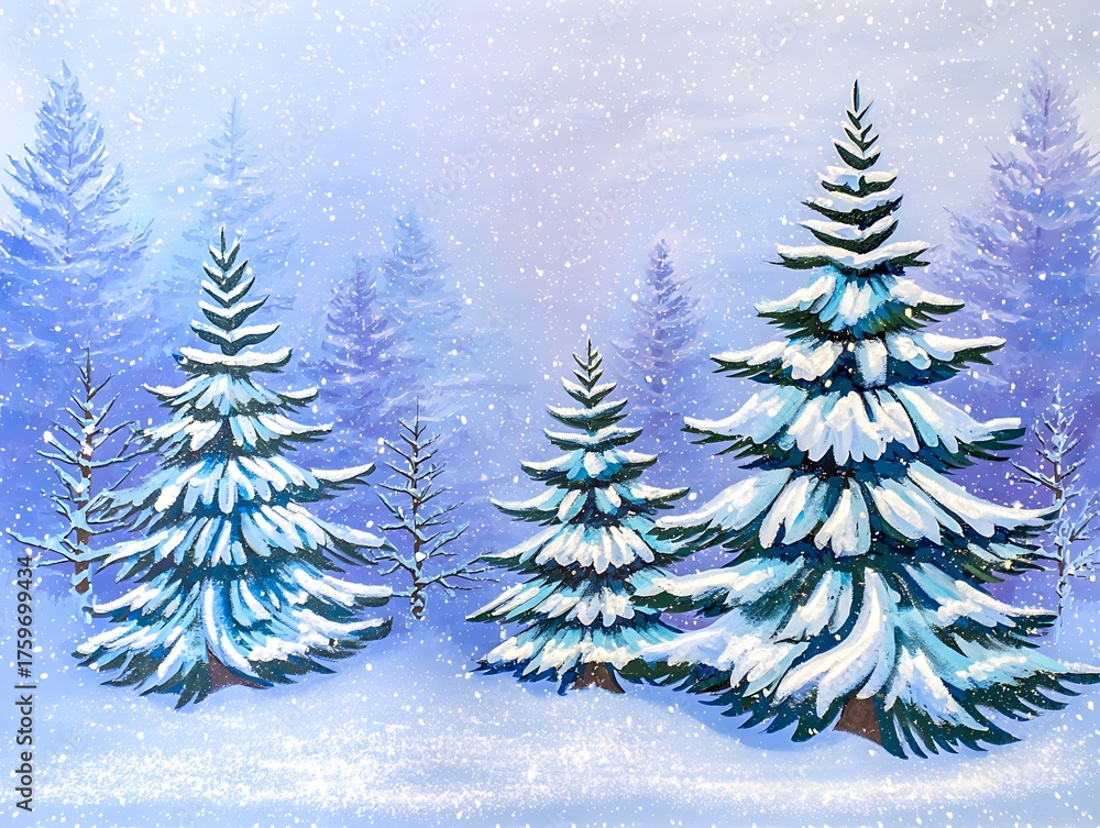 Obraz premium Snowy winter forest with fir trees and falling snow landscape