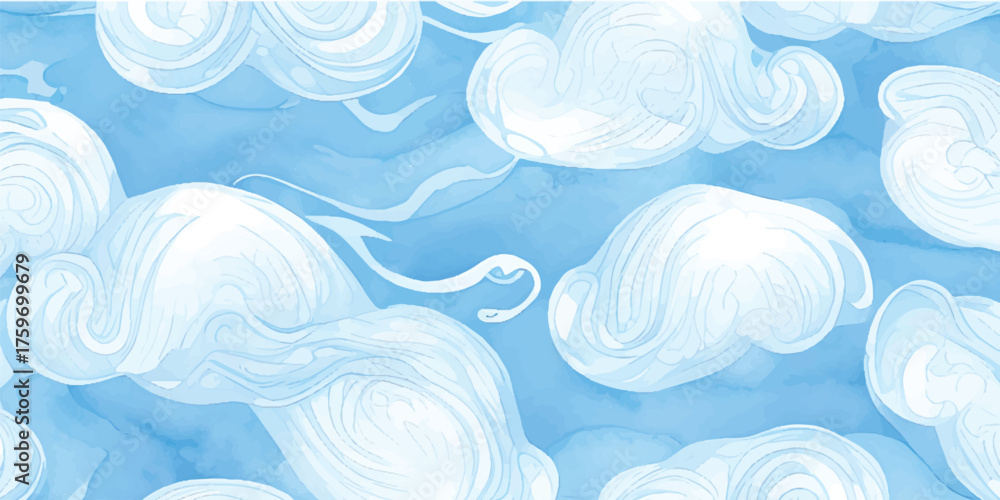 Fototapeta premium Heavenly Blue and White Watercolor Cloud Background with Gentle Fluid Waves, Misty Airy Flow, and Delicate Swirling Patterns for Serene Sky Designs, Elegant Artistic Textures,x