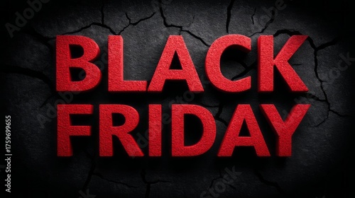 Bright red letters announce Black Friday on a dark, cracked surface. This festive season encourages shoppers to find amazing deals and explore stores for special offers