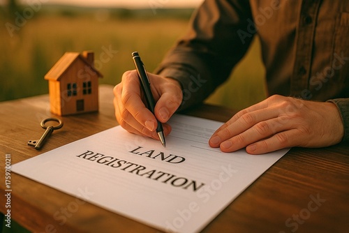 A man signs a land registration document on a rustic wooden table outdoors with a small model house and an old-fashioned key placed beside the paperwork