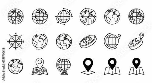 Set of globe and map location icons