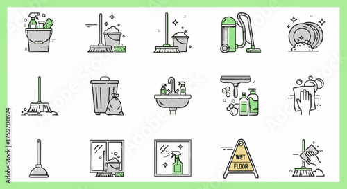 Collection of cleaning supplies and tools