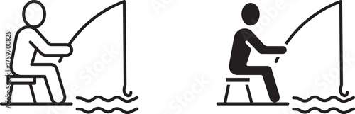 person fishing icon , fisherman sitting and catching a fish with a fishing rod, vector illustration . 