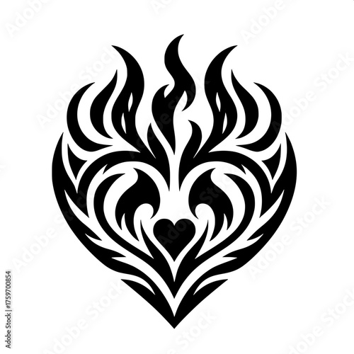 Black and White Vector Silhouette of Heart with Flame Emoji