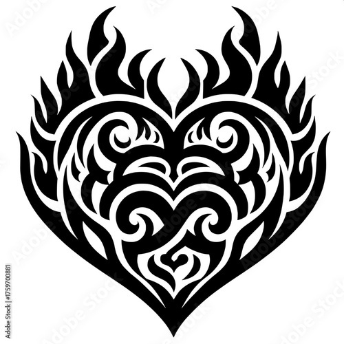 Black and White Vector Silhouette of Heart with Flame Emoji