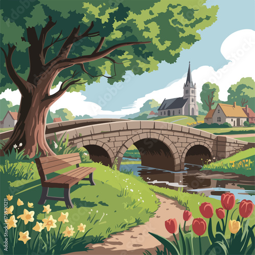 Stone bridge over river in park with trees and autumn landscape