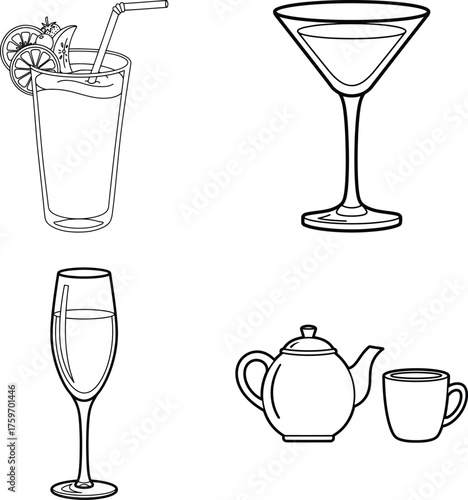 Collection of drinkware and teaware | line art illustration for simple coloring book