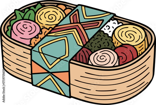 Cute flat illustration of Japanese packaged food bento meal in colorful hand drawn style