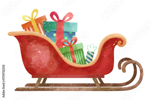 Watercolor holiday illustration. Sleighs filled with gifts. Magical hand drawn winter scene. Christmas festive mood.