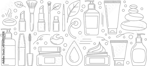 A delicate line art illustration featuring a variety of beauty and spa products isolated on white background, perfect for designs related to selfcare, relaxation, and cosmetic treatments