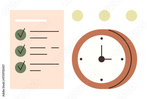 Checklist with marked tasks next to an analog clock. Ideal for organization, productivity, time tracking, goal setting, efficiency, project planning, and deadline management. Simple flat metaphor